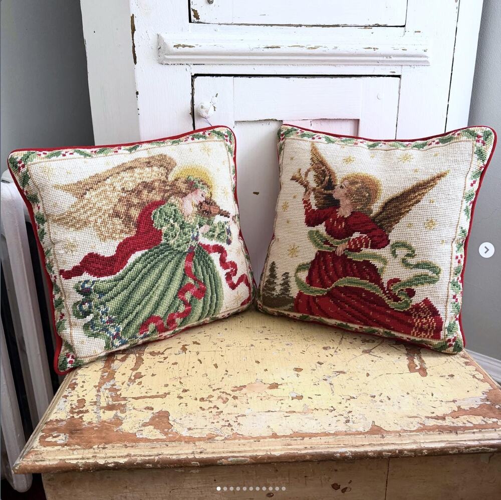 Vintage Christmas Needlepoint Angel Pillow Red Velvet Zippered Back PAIR